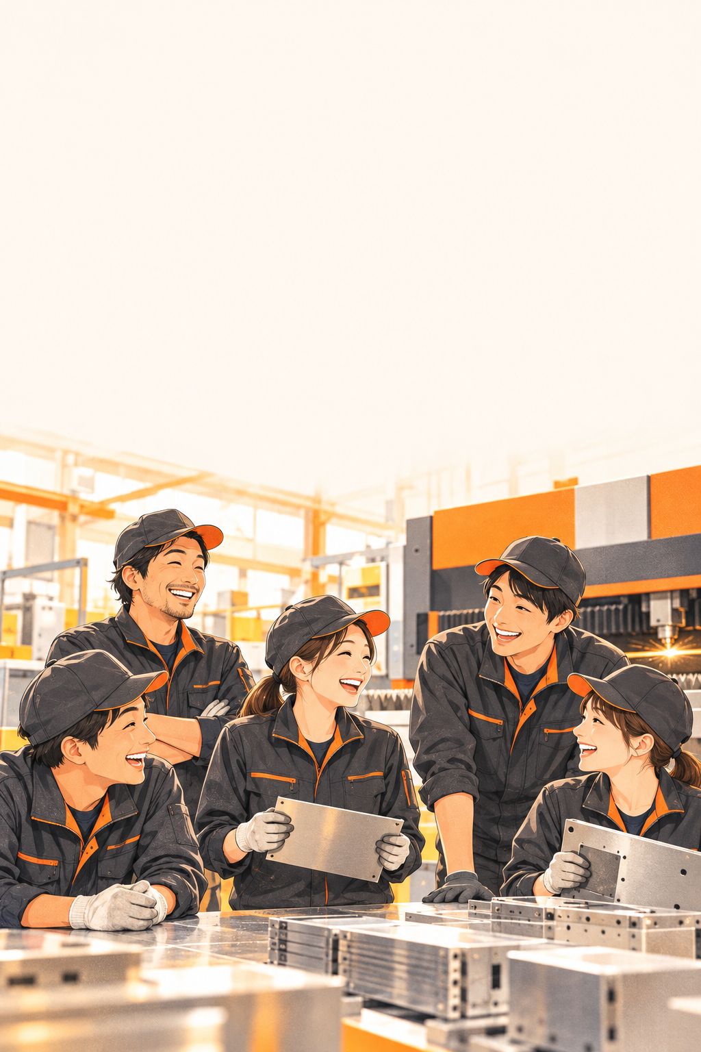明るい工場で笑い合う社員たち(イラスト)