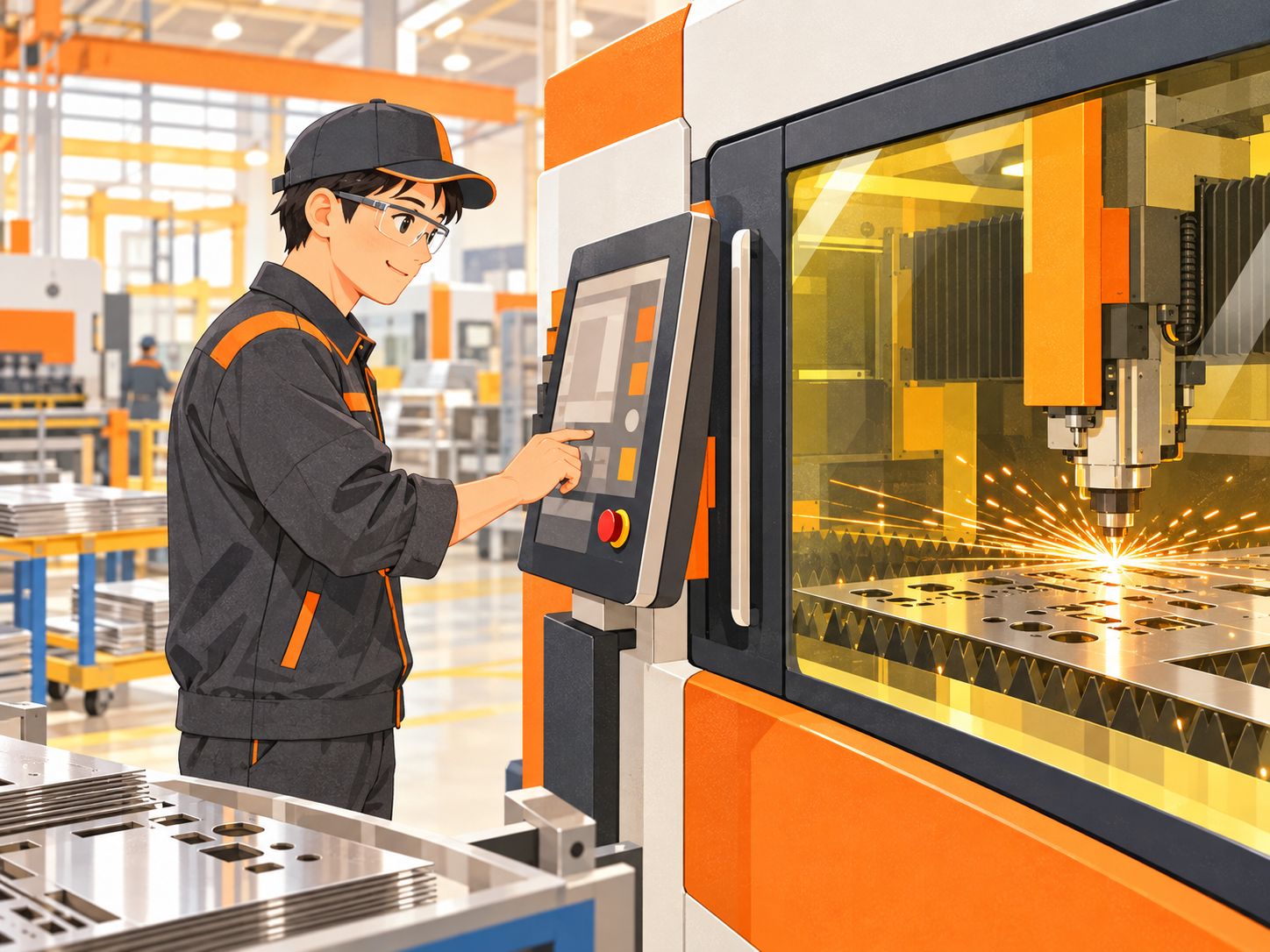 ファイバーレーザー加工機を操作する社員(イラスト)