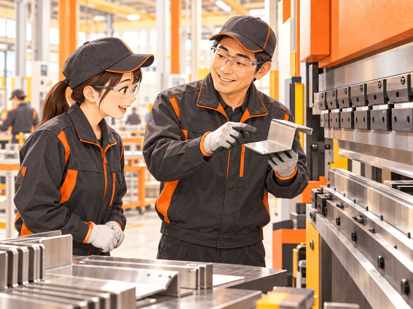 曲げ加工機の前で先輩が新人に教える様子(イラスト)
