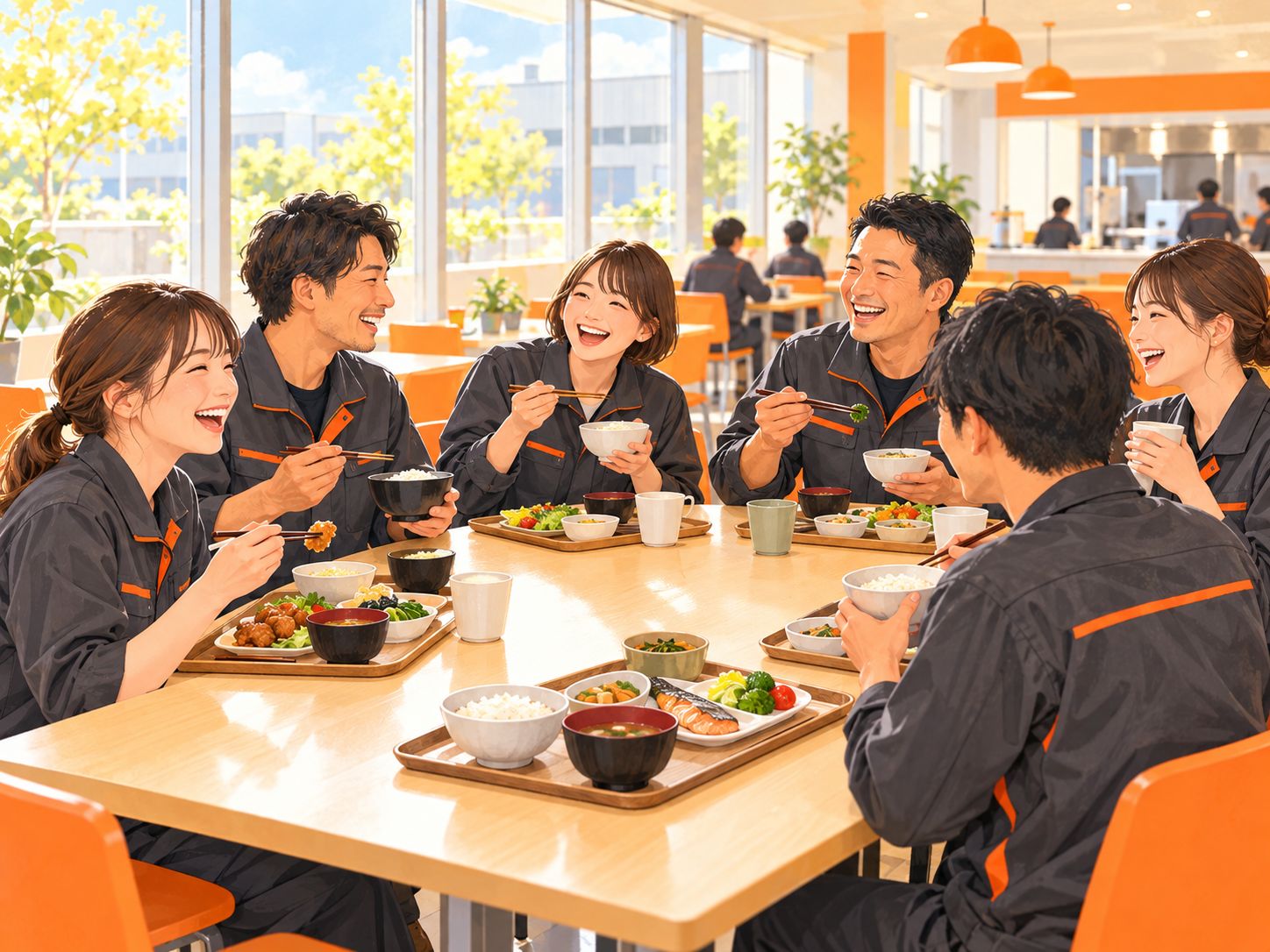 食堂で昼食を囲む社員たち(イラスト)