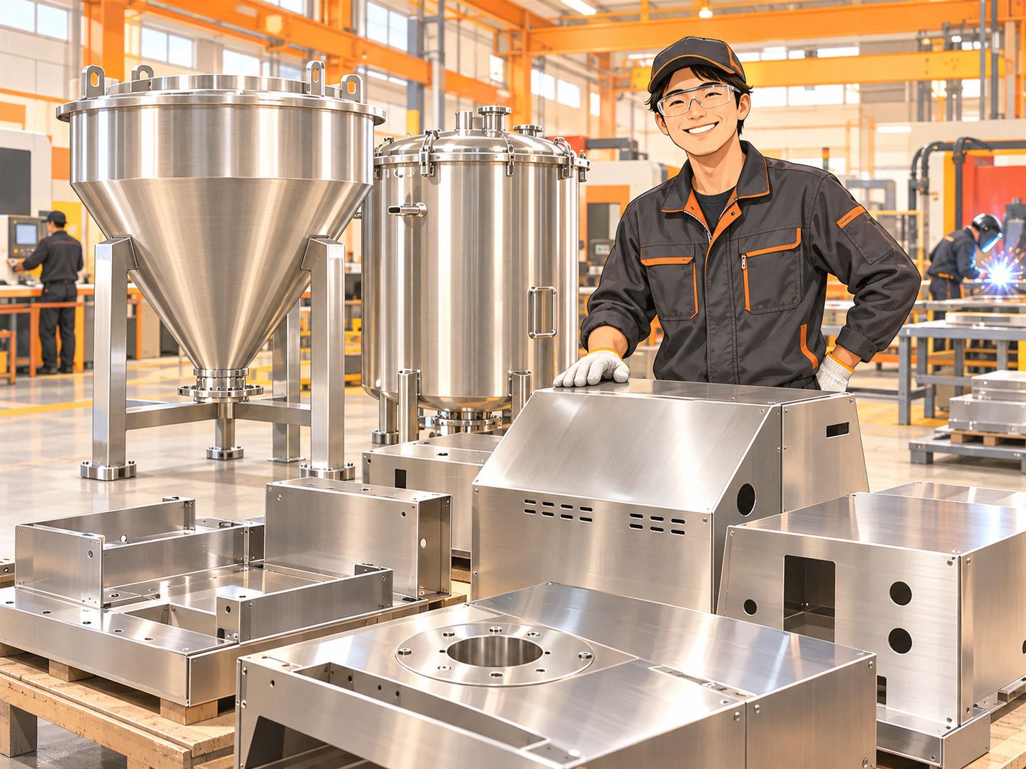 完成した金属製品と職人(イラスト)